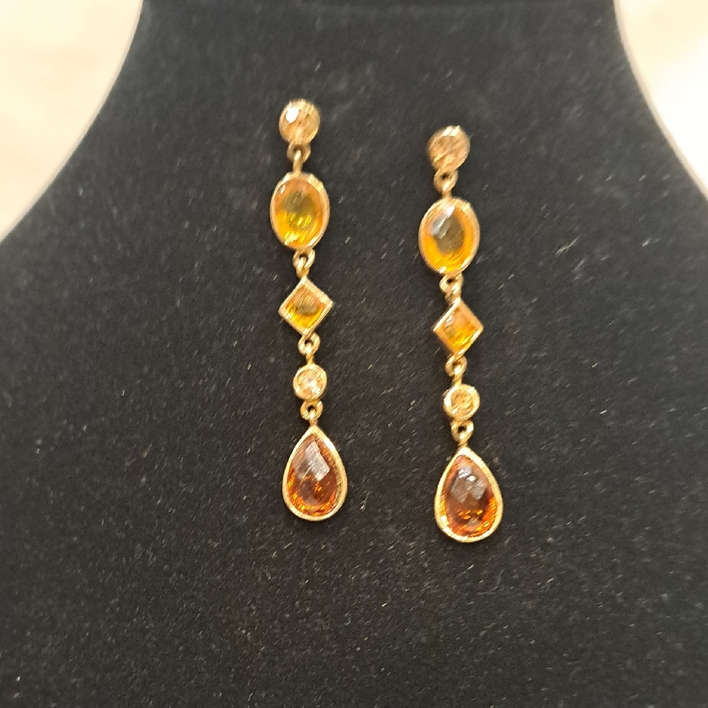 Amber & Citrine Colored Stones In Gold Tone Setting Drop Earrings. 2" Beautiful
